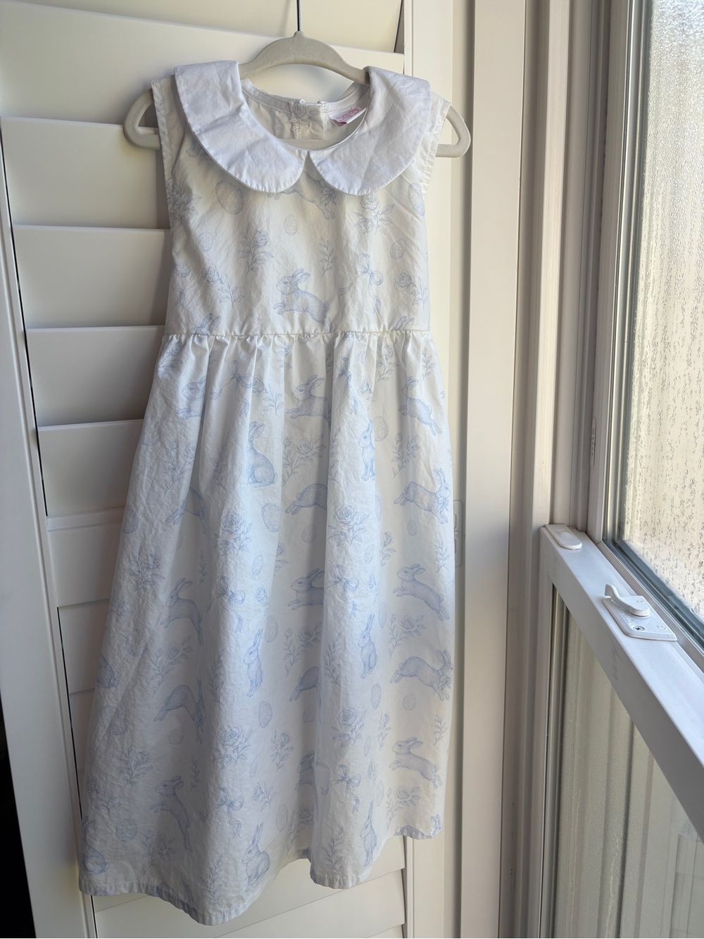 White Girls Dress with Light Blue Bunny Motif and Peter Pan Collar